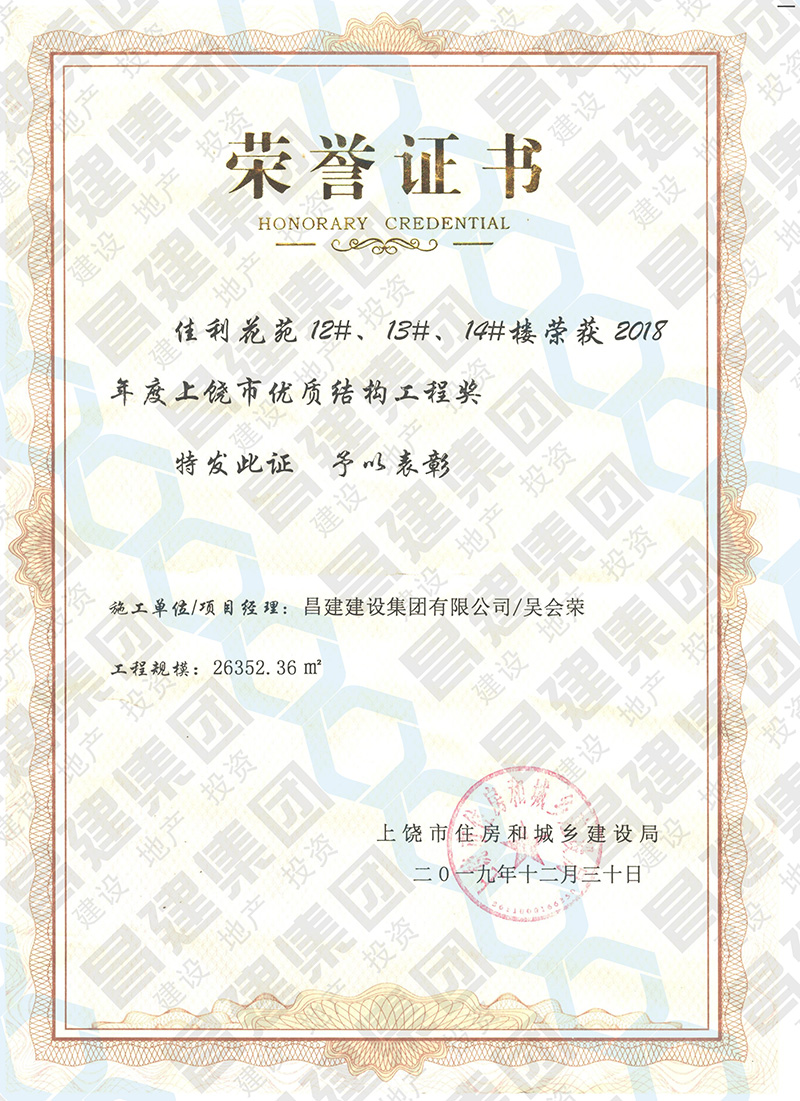 喜訊！昌建集團佳利花苑12#、13#、14#樓獲評“2018年度上饒市優(yōu)質(zhì)結(jié)構(gòu)工程獎”